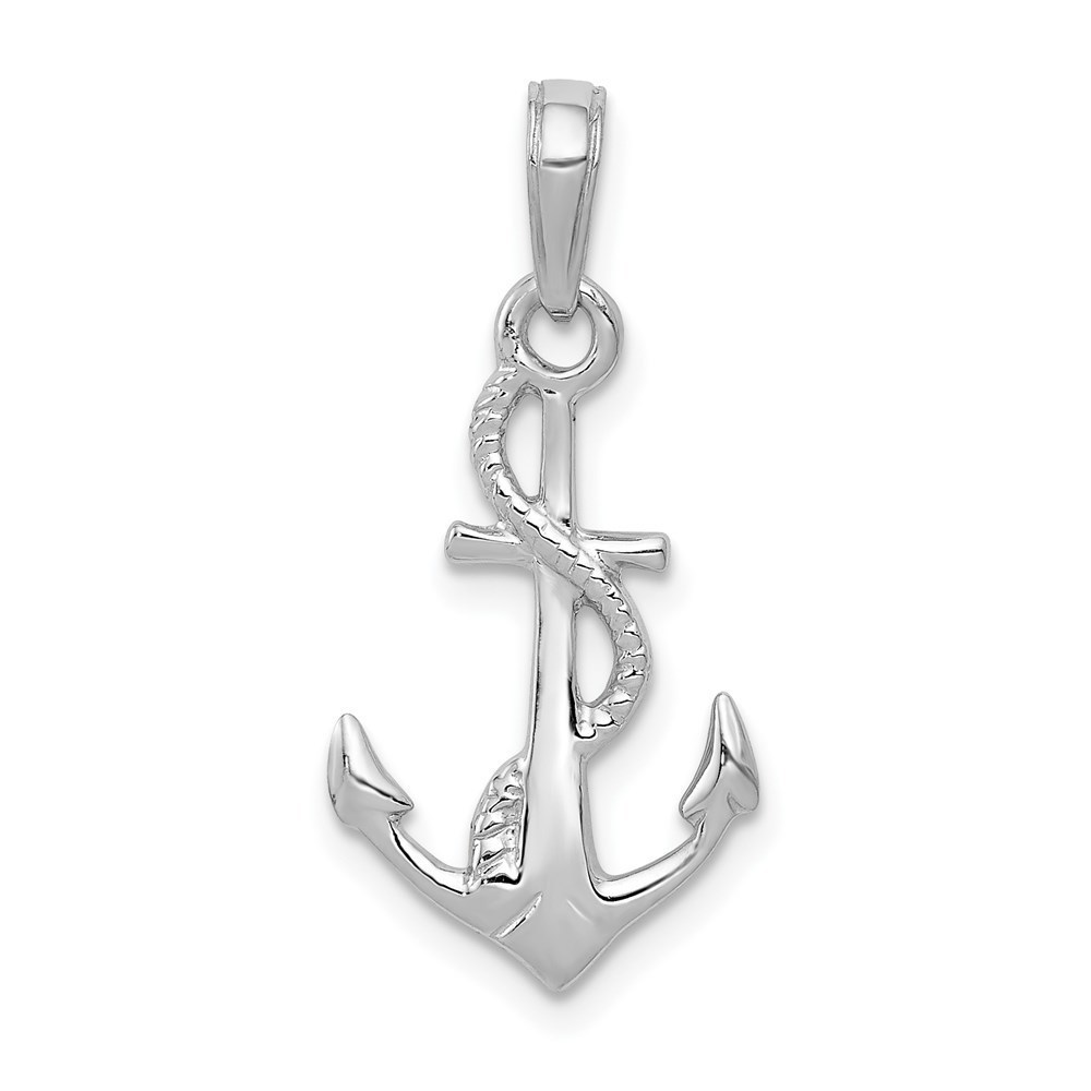 14K White Gold Nautical Solid Polished 3-D Anchor Small Necklace Charm Pendant